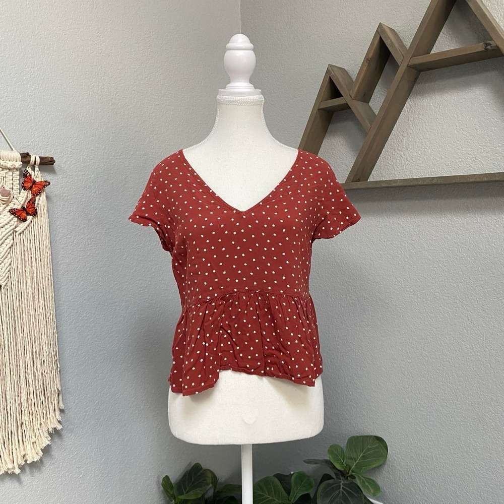 ABERCROMBIE & FITCH RUSTIC ORANGE POLKA DOT PEPLUM BLOUSE OPEN BACK